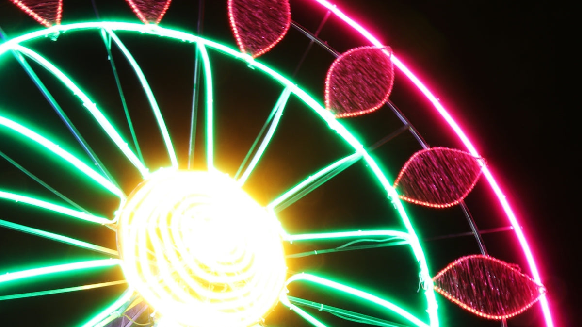 a ferris wheel is lit up at night