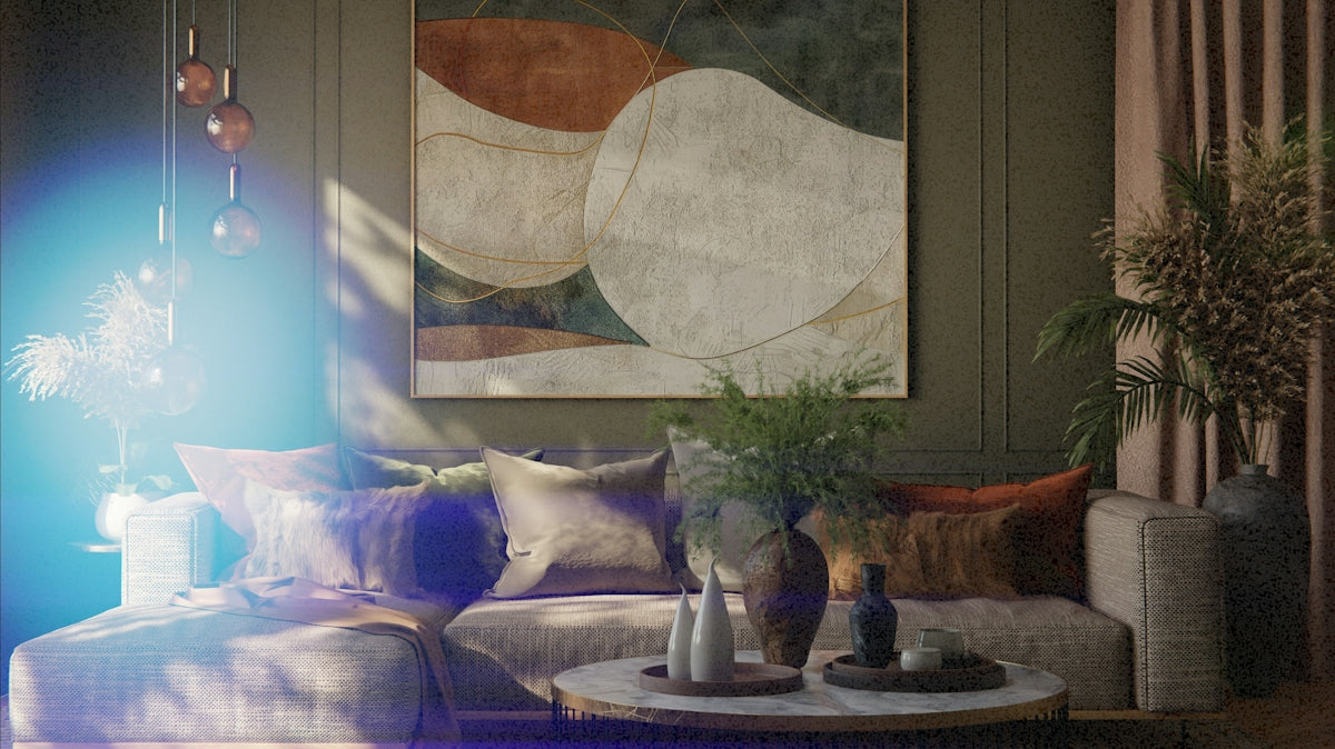 Cozy living room with modern art and sectional sofa.