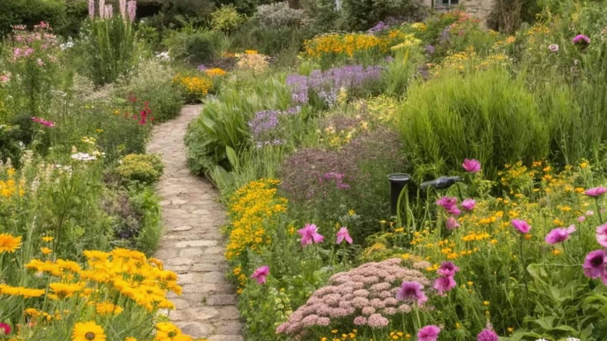 Stone path leads through colorful flower garden to thatched cottage.