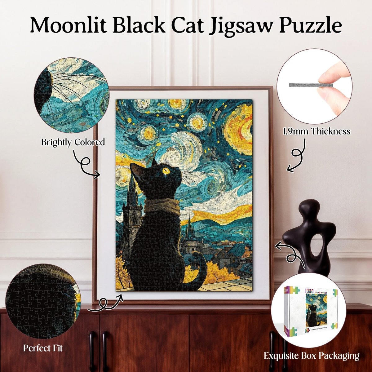 Artistic 1000 - Piece Cardboard Jigsaw Puzzle - Moonlit Black Cat - KAAYEE Puzzle
