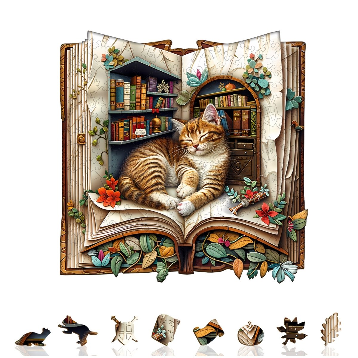 Cat in the book Wooden Jigsaw Puzzle - KAAYEE Puzzle