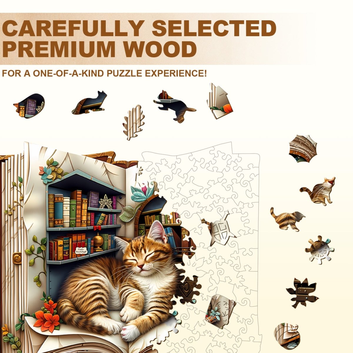 Cat in the book Wooden Jigsaw Puzzle - KAAYEE Puzzle