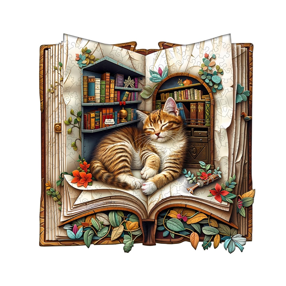 Cat in the book Wooden Jigsaw Puzzle - KAAYEE Puzzle