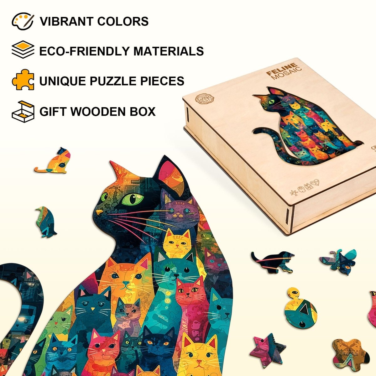 Feline Mosaic Wooden Jigsaw Puzzle - KAAYEE Puzzle