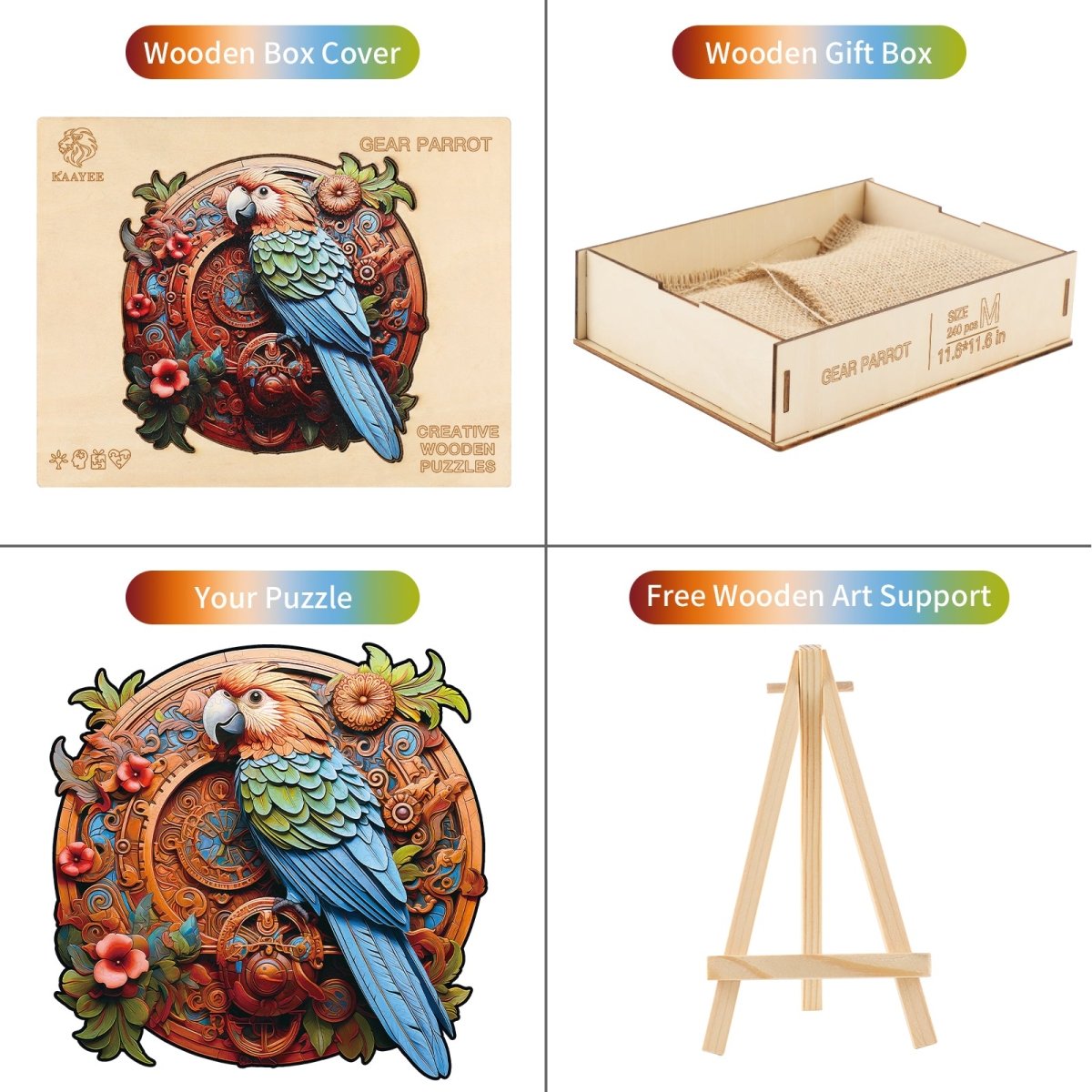 Gear Parrot Wooden Jigsaw Puzzle - KAAYEE Puzzle