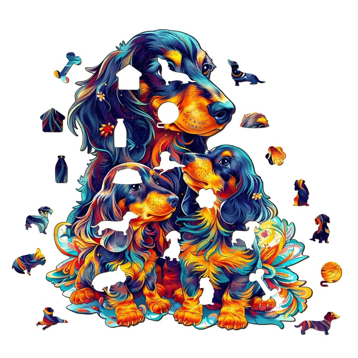 Long haired Dachshund Family Wooden Jigsaw Puzzle - KAAYEE Puzzle