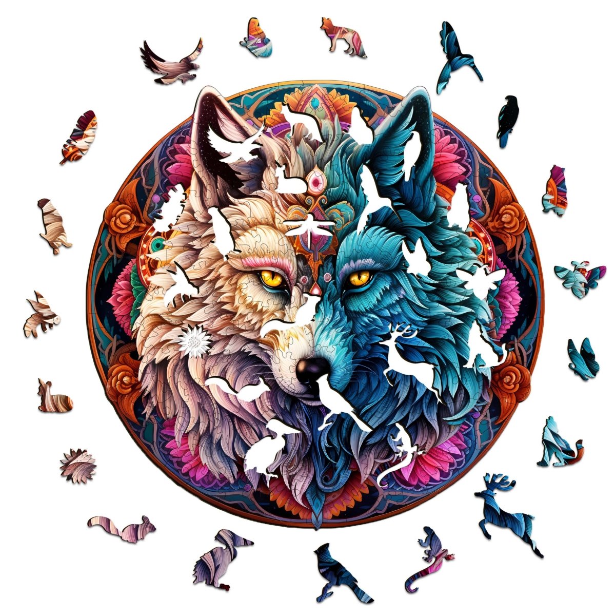 MANDALA YIN YANG WOLF Wooden Jigsaw Puzzle - KAAYEE Puzzle