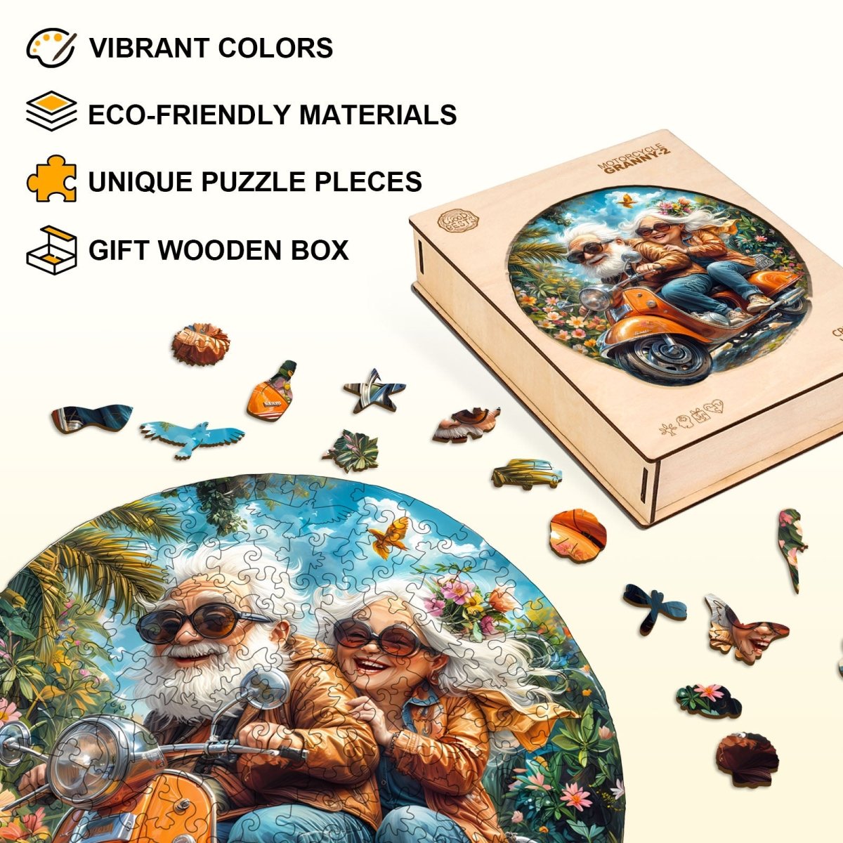 Motorcycle Granny - 2 Wooden Jigsaw Puzzle - KAAYEE Puzzle