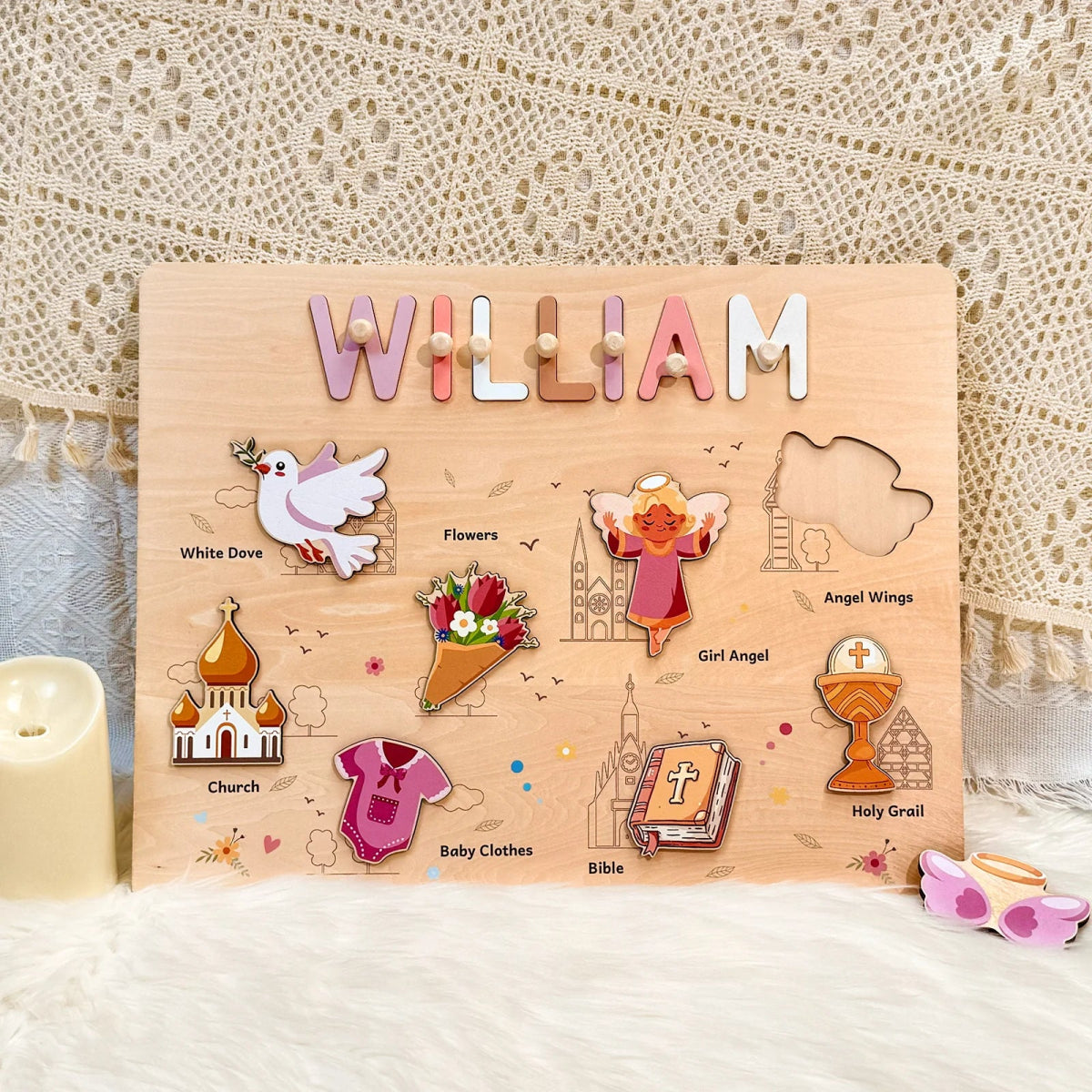Personalized Baby Name Wooden Puzzle with Baptism Girl Set - KAAYEE Puzzle