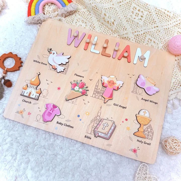 Personalized Baby Name Wooden Puzzle with Baptism Girl Set - KAAYEE Puzzle