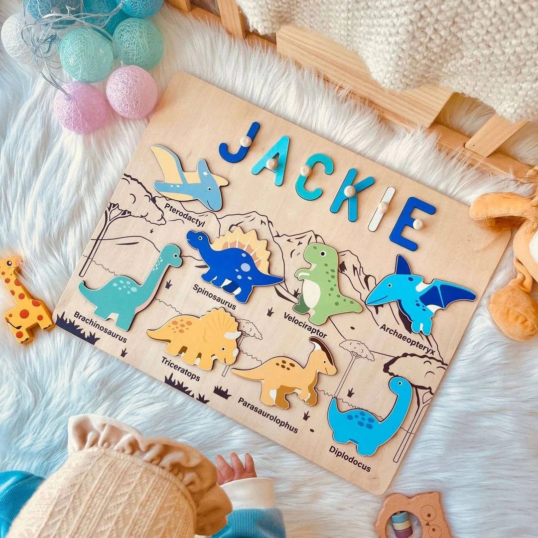 Personalized Baby Name Wooden Puzzle with Dinosaurs - KAAYEE Puzzle
