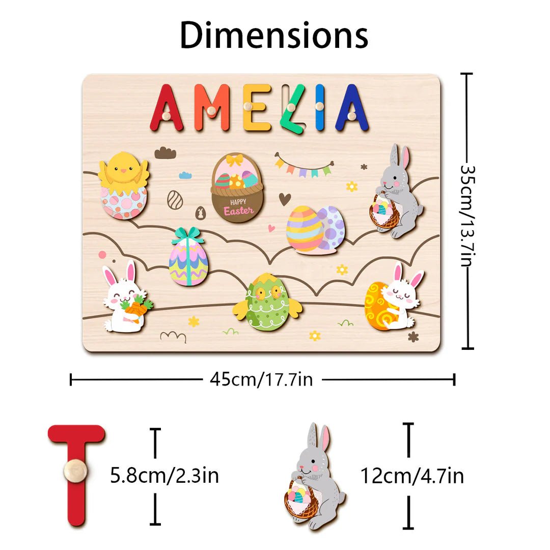 Personalized Baby Name Wooden Puzzle with Easter Bunnies & Eggs - KAAYEE Puzzle