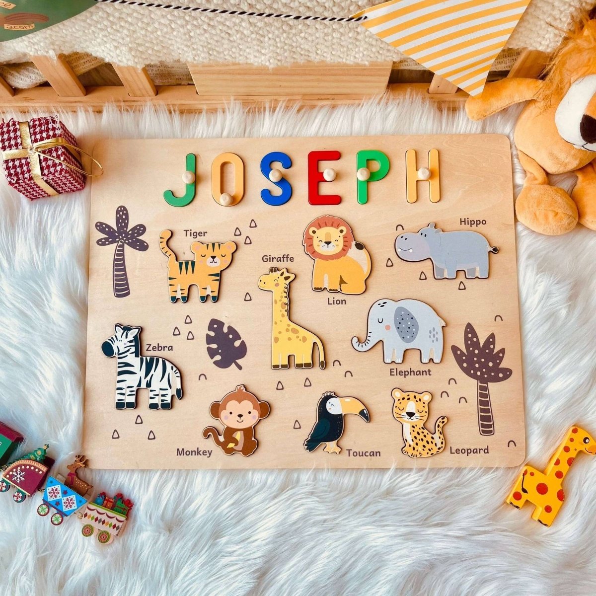 Personalized Baby Name Wooden Puzzle with Jungle Animals - KAAYEE Puzzle