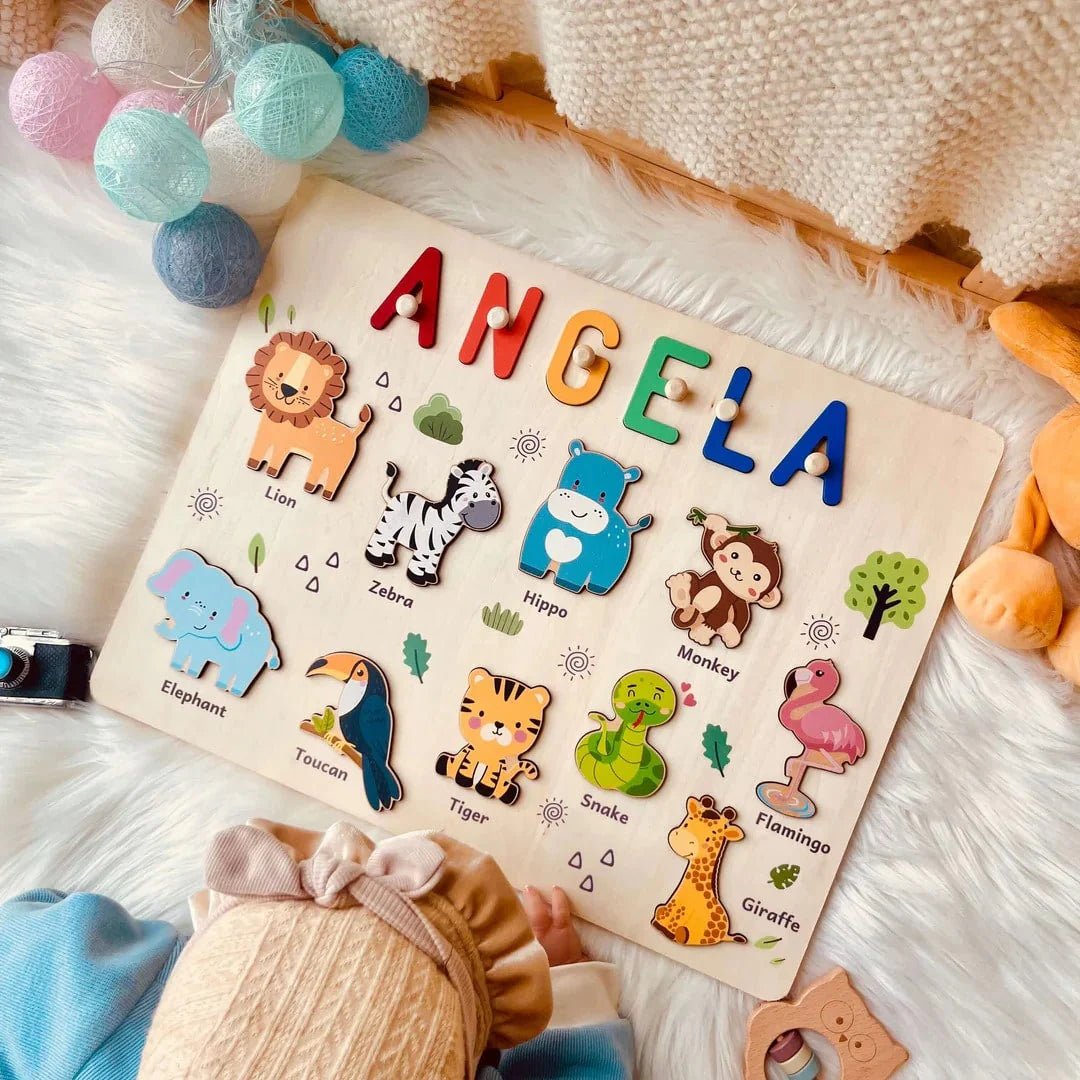 Personalized Baby Name Wooden Puzzle with Safari Animals - KAAYEE Puzzle