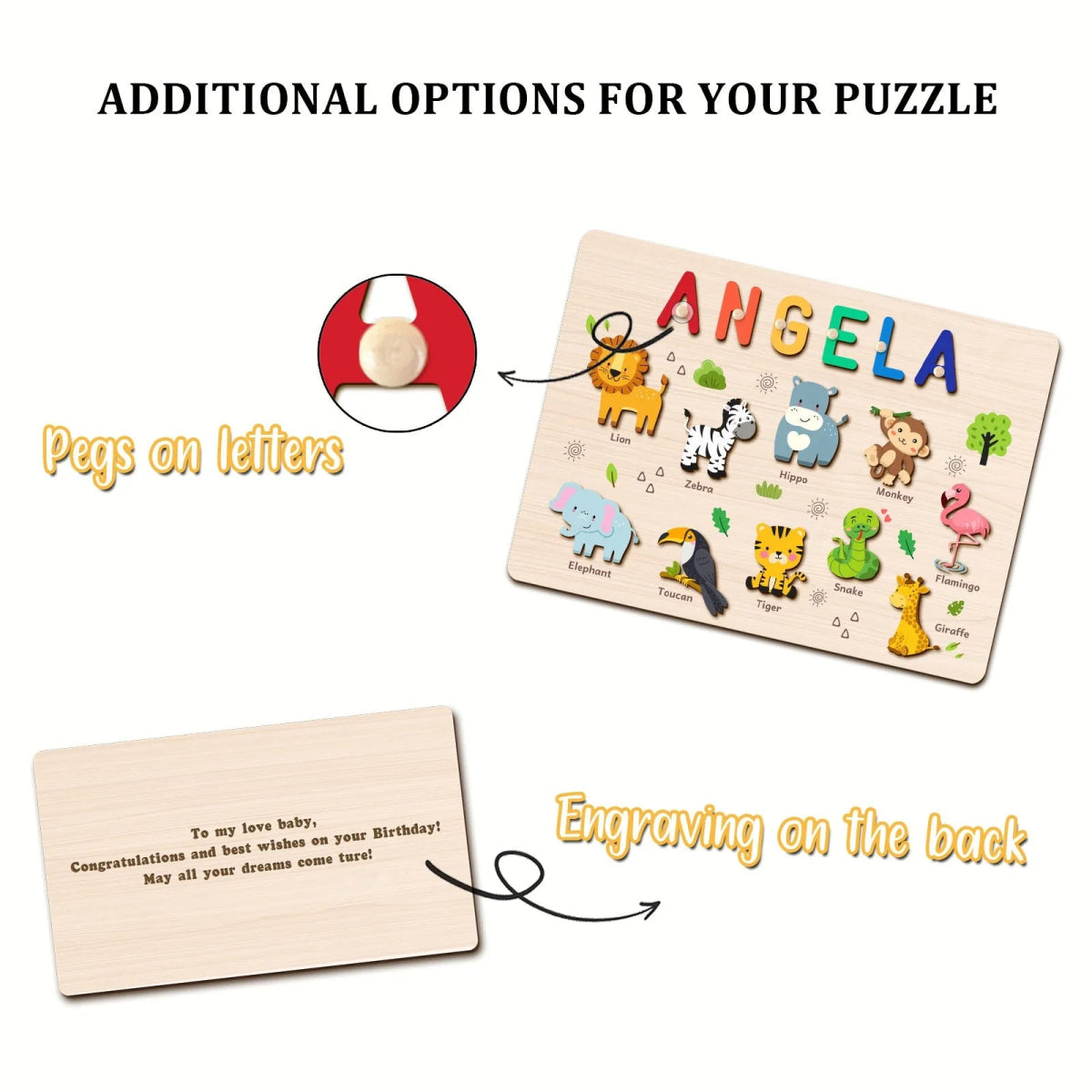 Personalized Baby Name Wooden Puzzle with Safari Animals - KAAYEE Puzzle