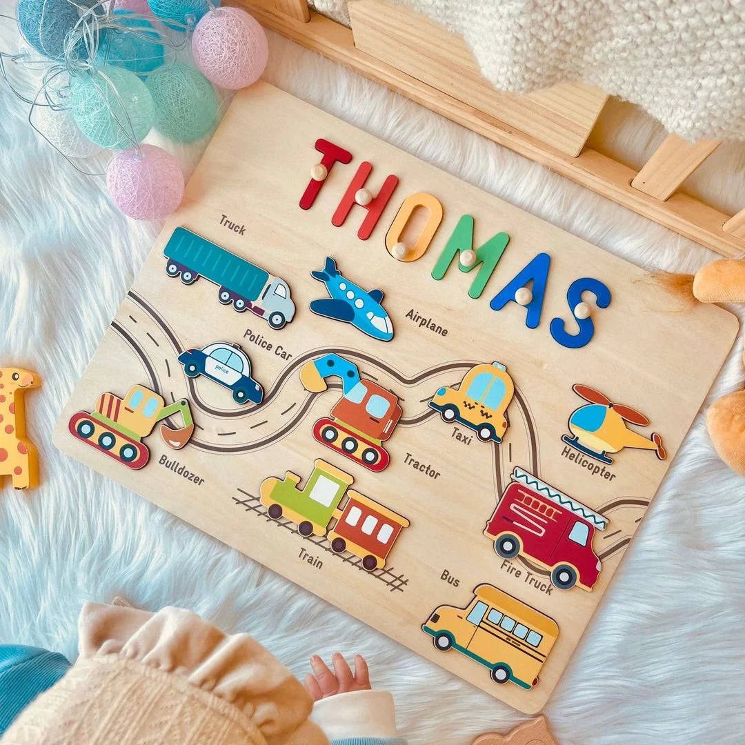 Personalized Baby Name Wooden Puzzle with Vehicle Toys - KAAYEE Puzzle