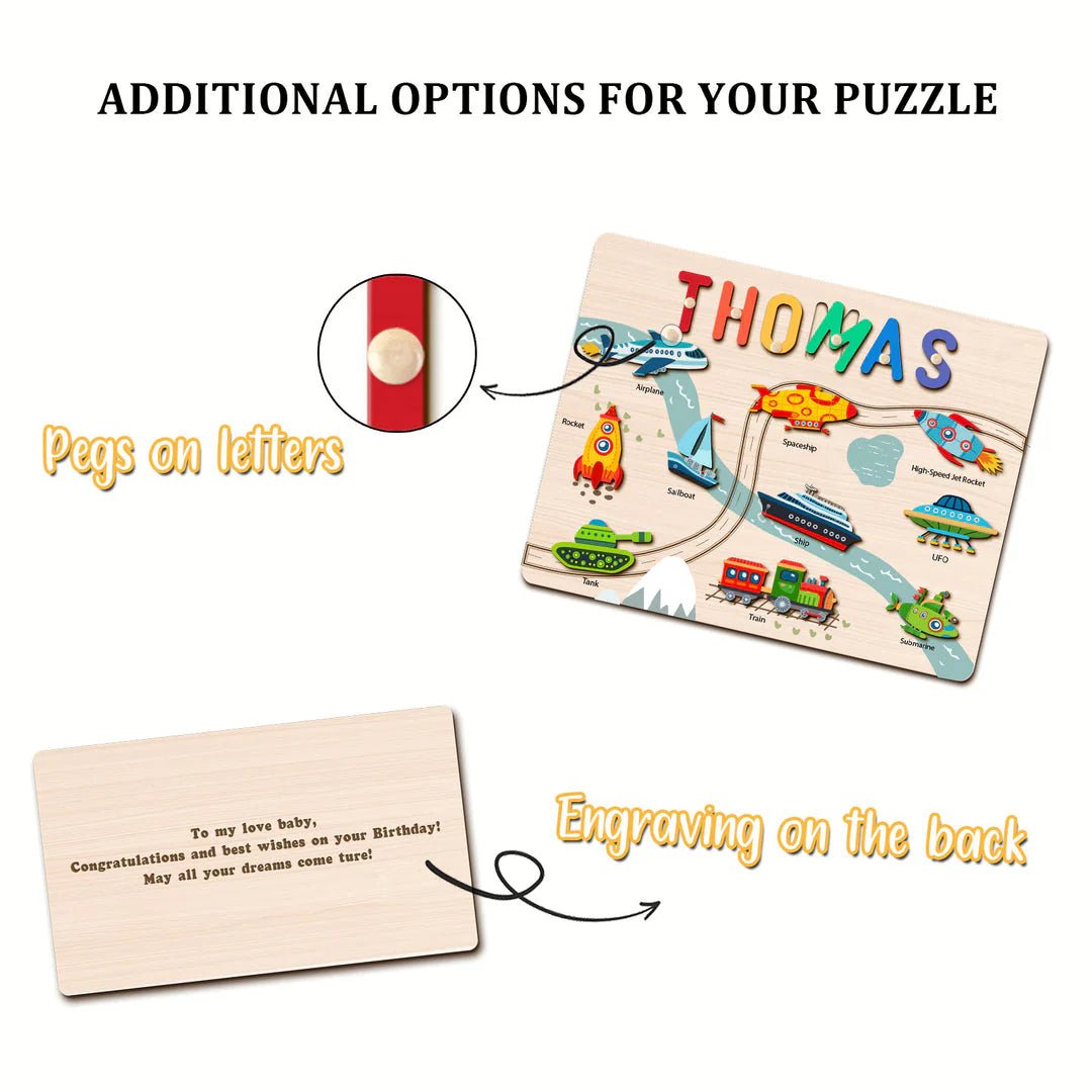 Personalized Baby Name Wooden Puzzle with Vehicle Toys - KAAYEE Puzzle