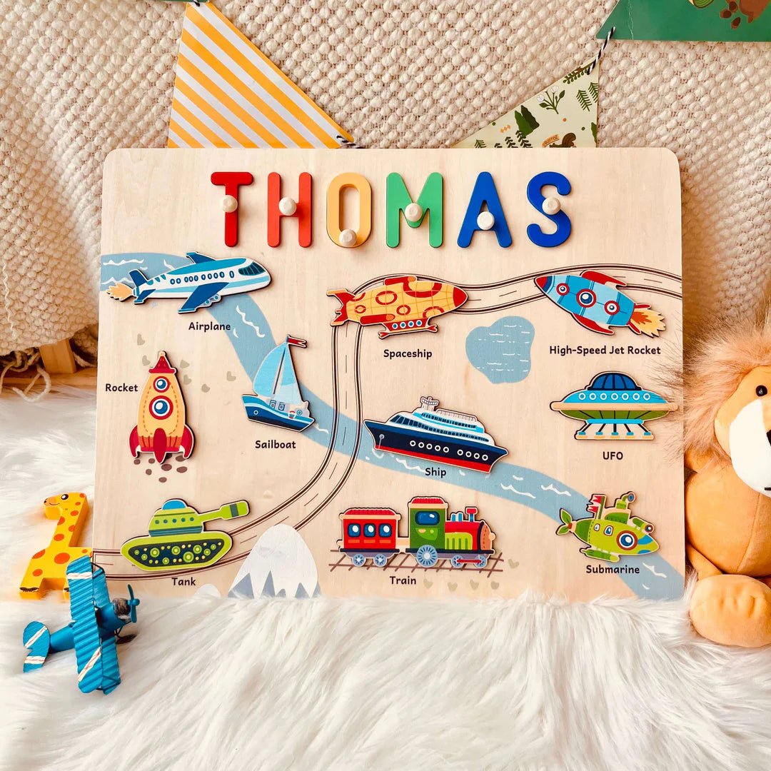 Personalized Baby Name Wooden Puzzle with Vehicle Toys - KAAYEE Puzzle