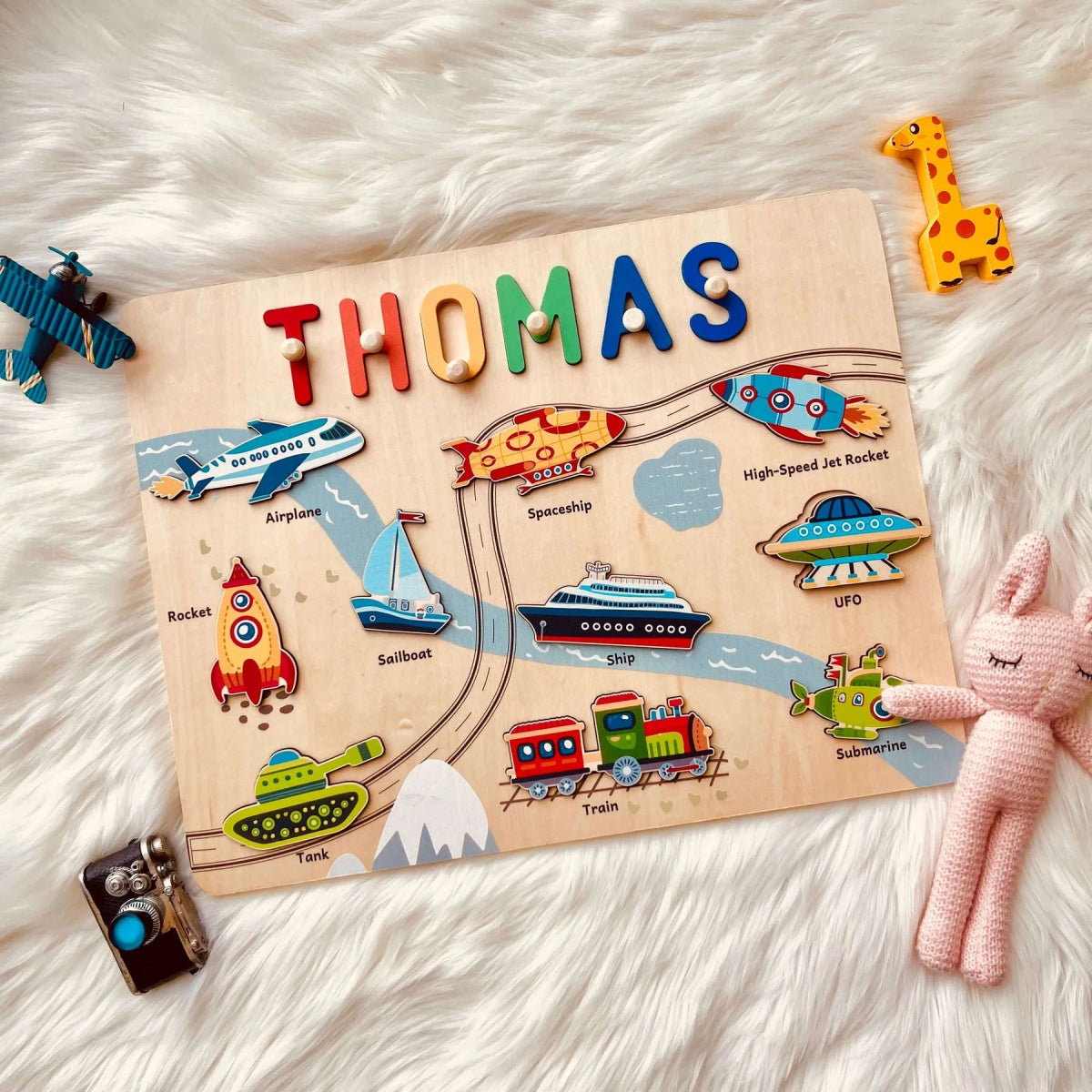 Personalized Baby Name Wooden Puzzle with Vehicle Toys - KAAYEE Puzzle