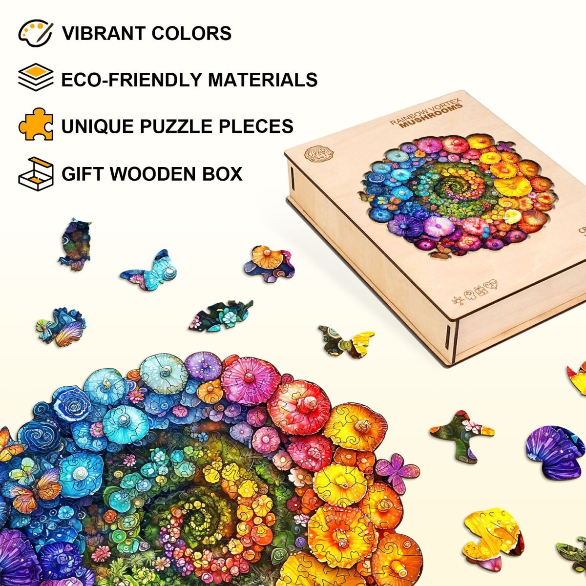 Rainbow vortex mushrooms Wooden Jigsaw Puzzle - KAAYEE Puzzle