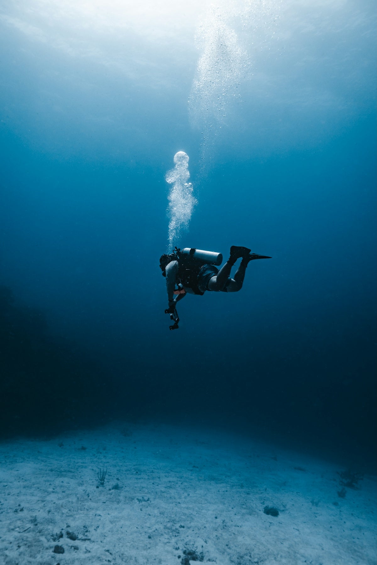 A scuba diver explores the deep blue sea.