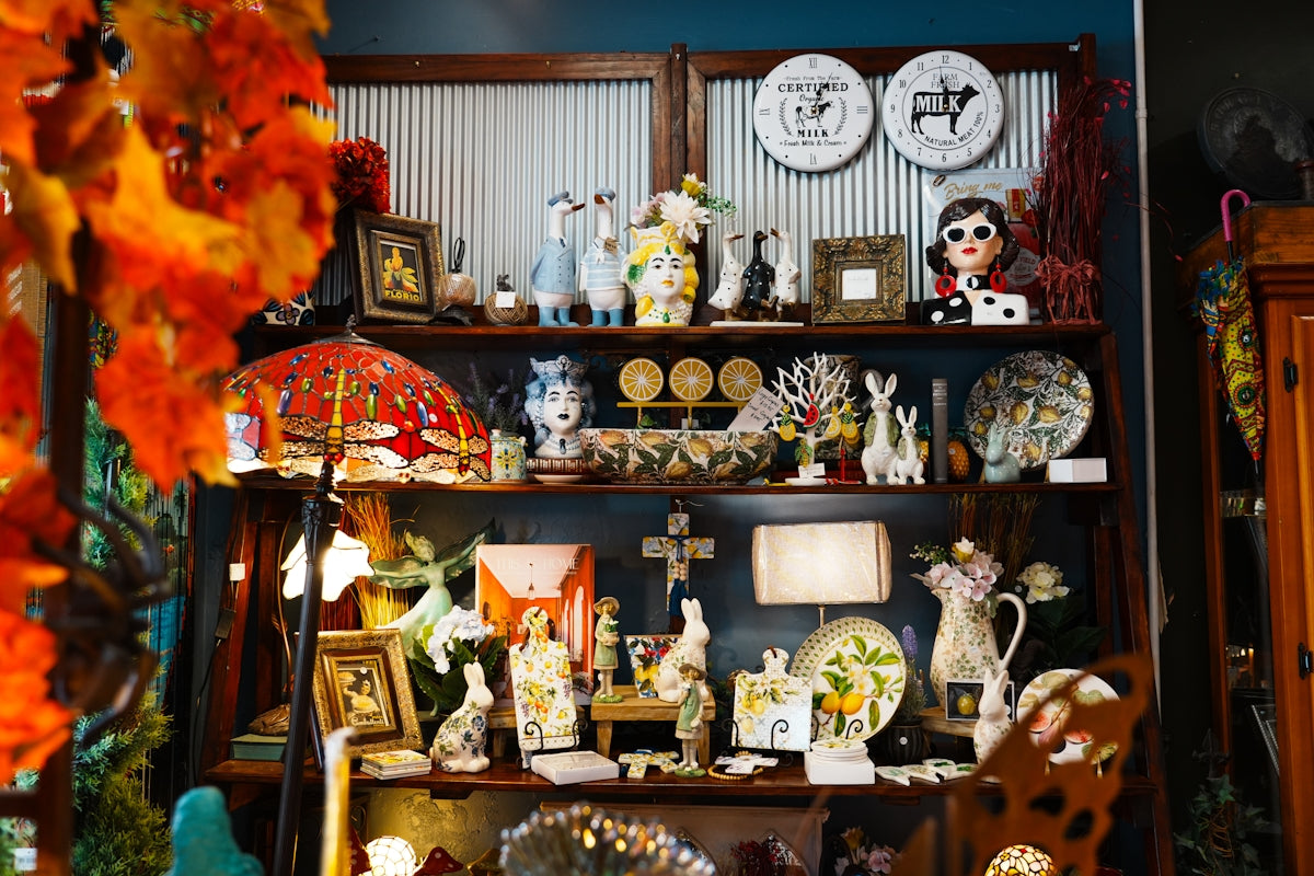 Shelves filled with various decorative items and knick-knacks.