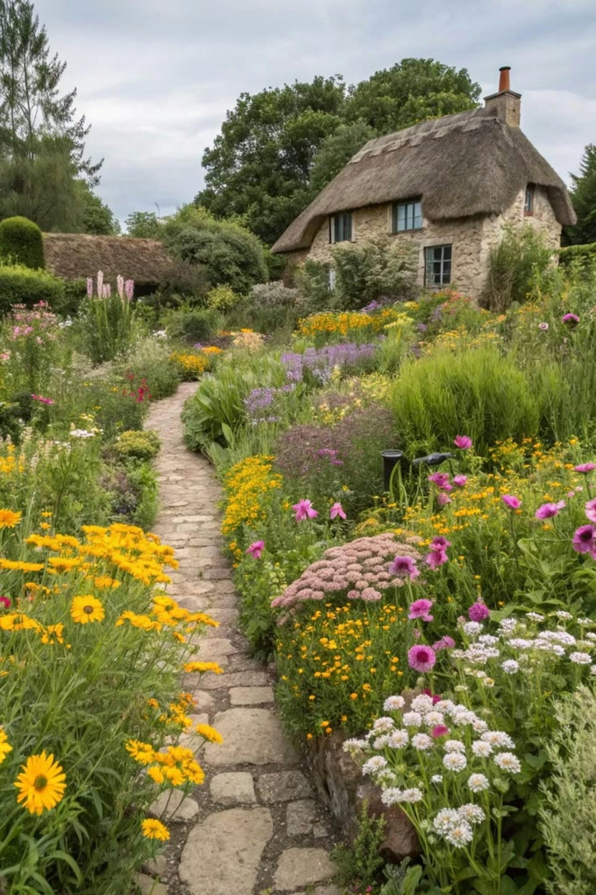 Stone path leads through colorful flower garden to thatched cottage.