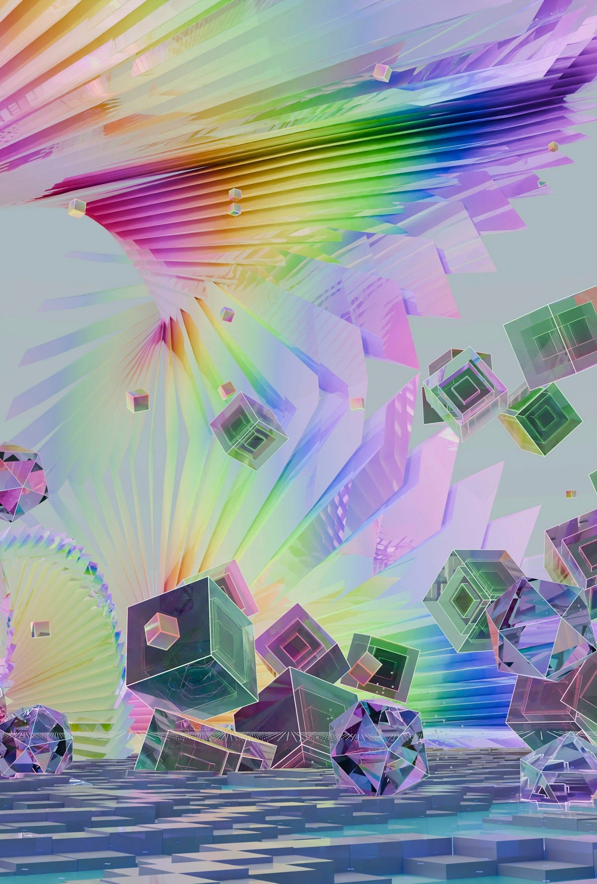 Abstract art with colorful geometric shapes and a rainbow spiral