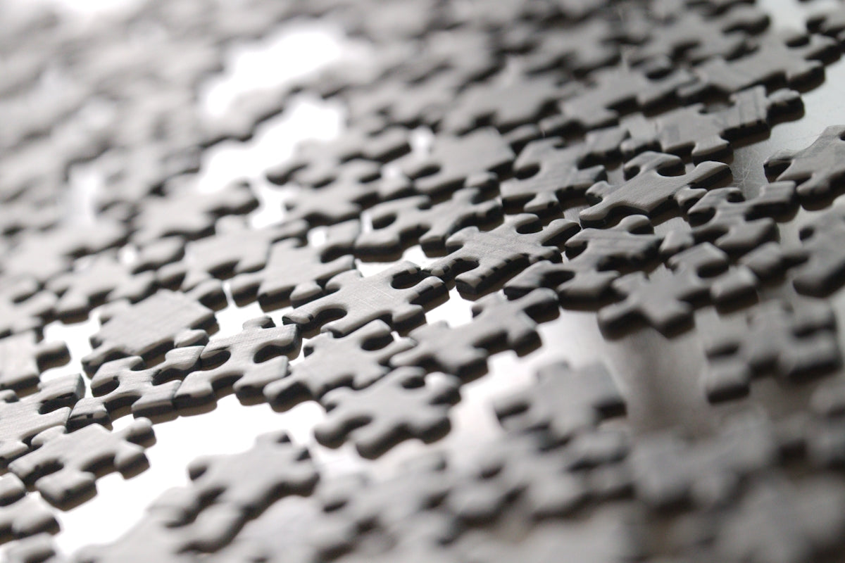 A multitude of dark, scattered puzzle pieces