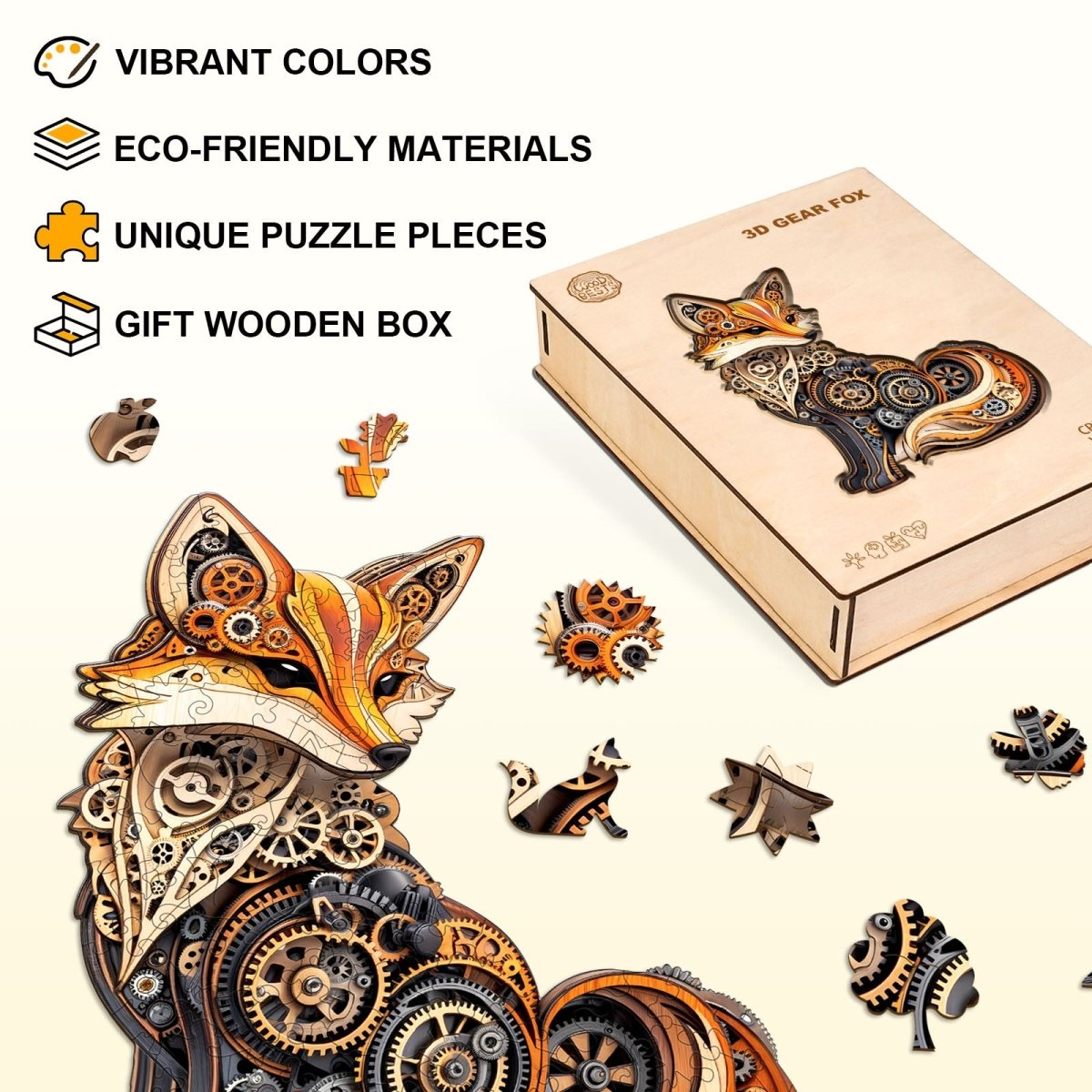 3D Gear fox Wooden Jigsaw Puzzle - KAAYEE Puzzle