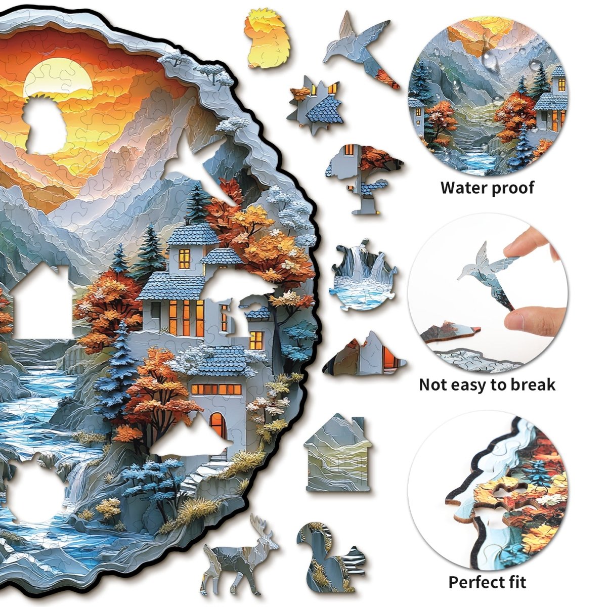 3D Mountain Stream Cottage Wooden Jigsaw Puzzle - KAAYEE Puzzle