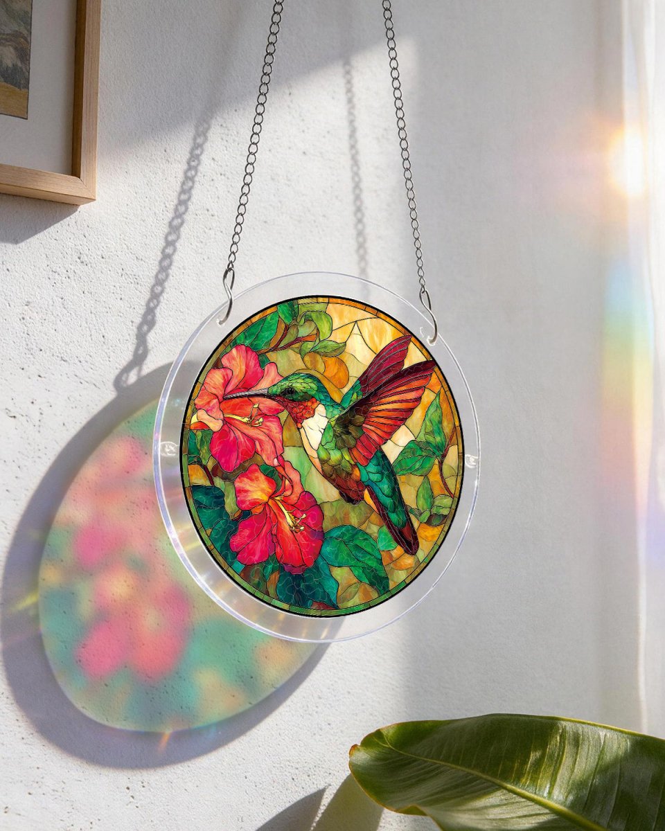 ガラスアート Emerald Flame Hummingbird Light Suncatcher-Acrylic Window Art