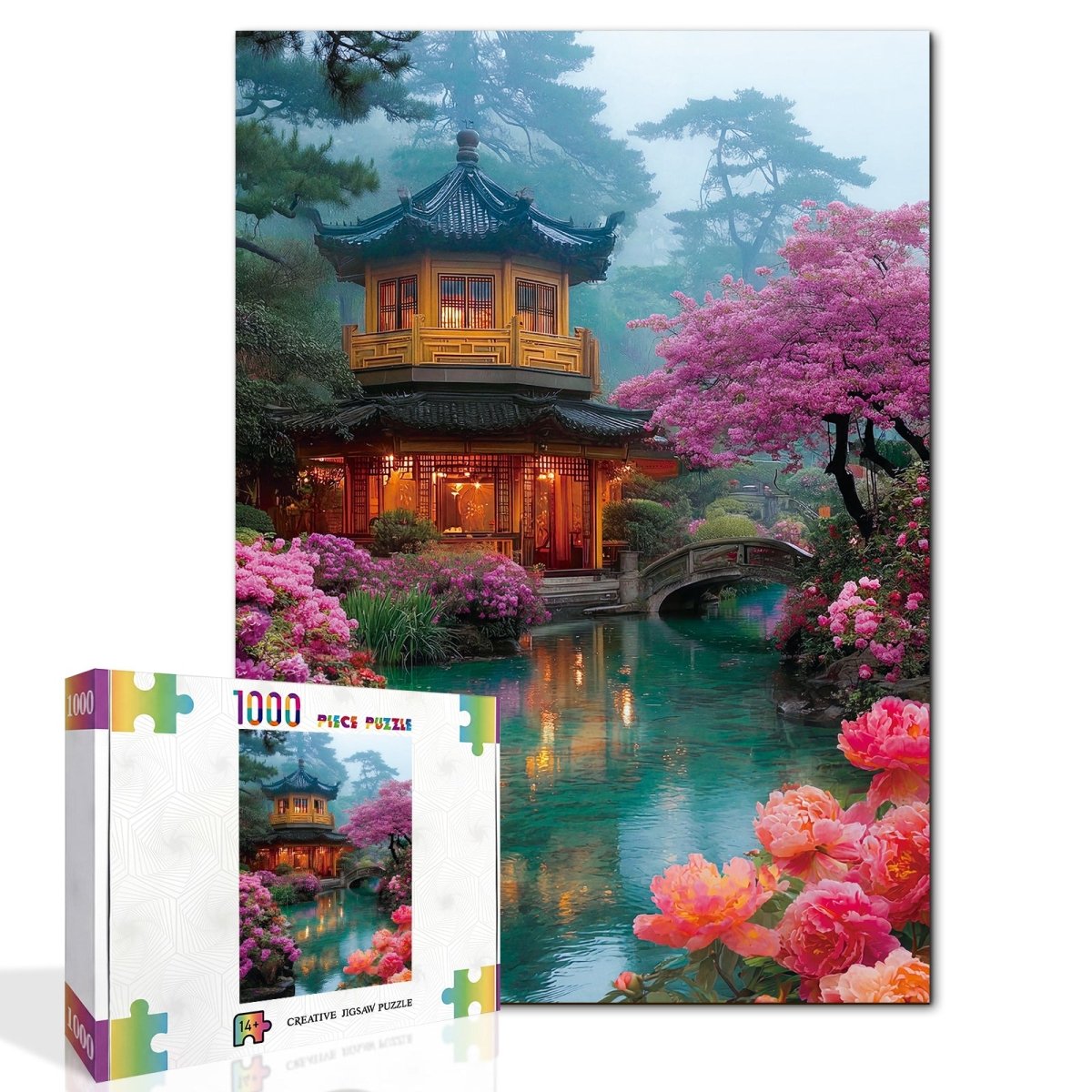 Artistic 1000 - Piece Cardboard Jigsaw Puzzle - Flower Courtyard by the Stream - KAAYEE Puzzle