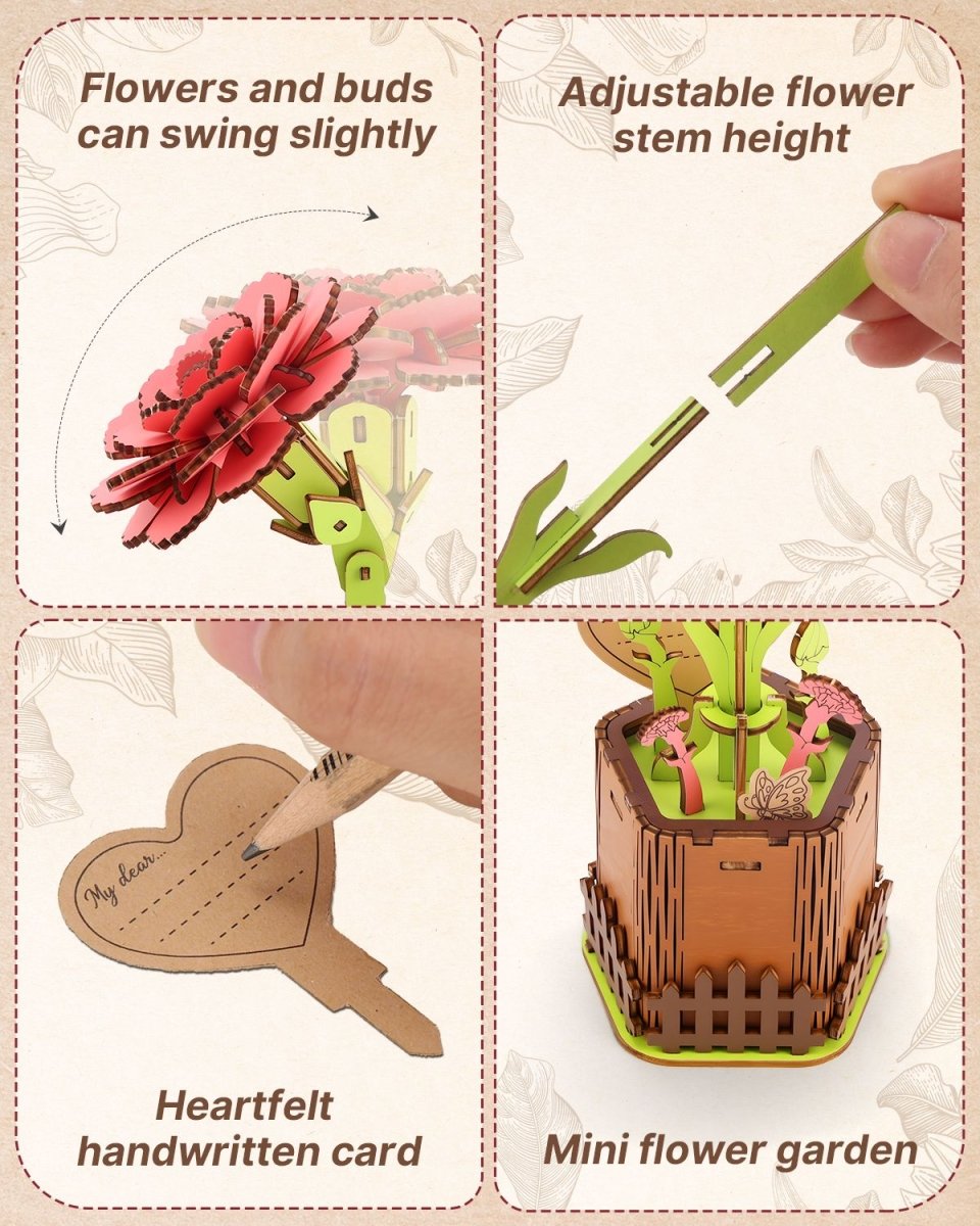 Carnation DIY Wooden Flower - KAAYEE Puzzle