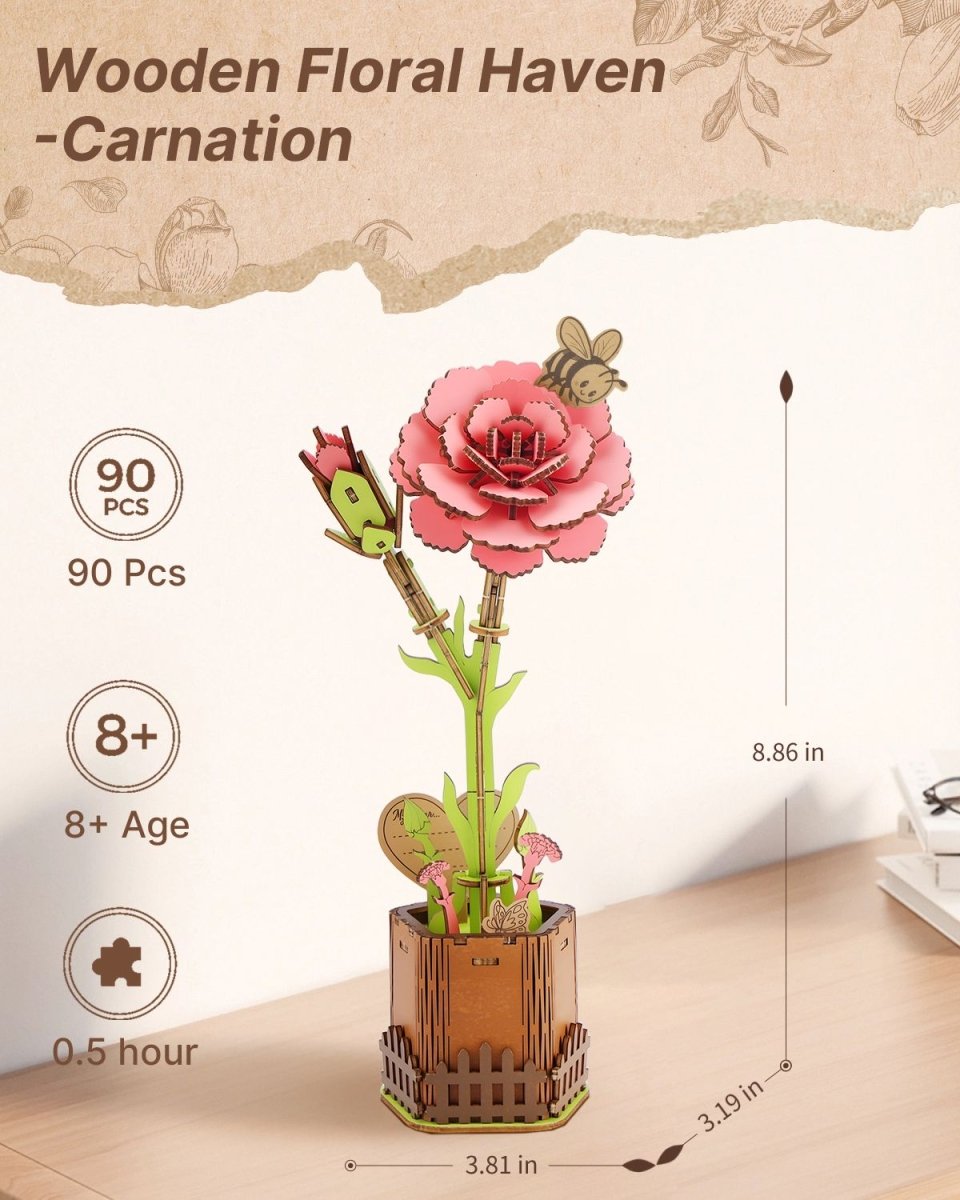 Carnation DIY Wooden Flower - KAAYEE Puzzle