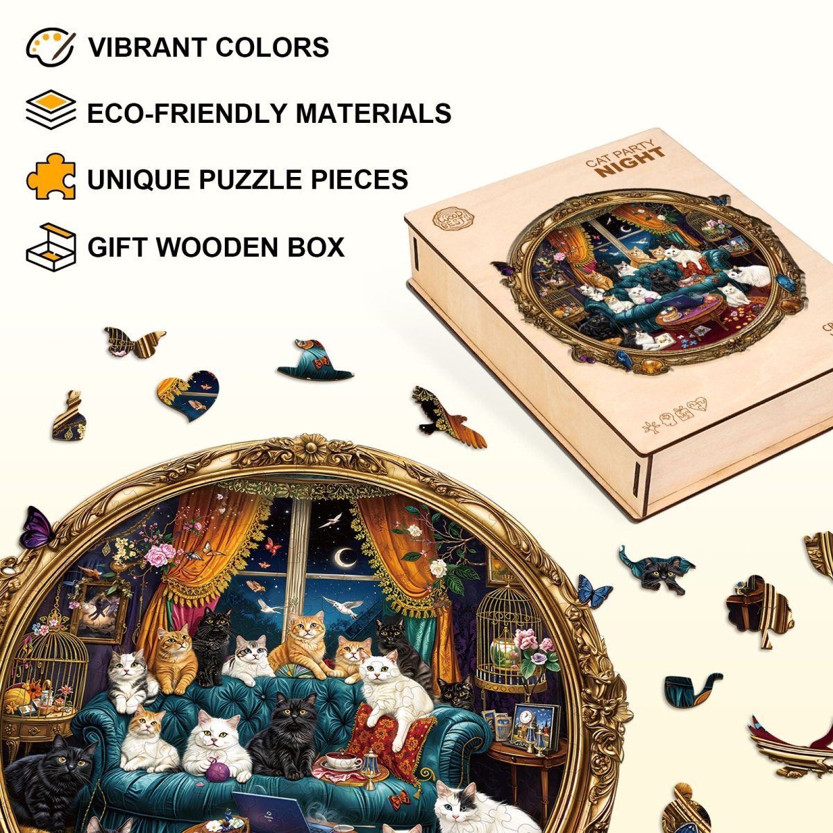 Cat Party Night Wooden Jigsaw Puzzle - KAAYEE Puzzle