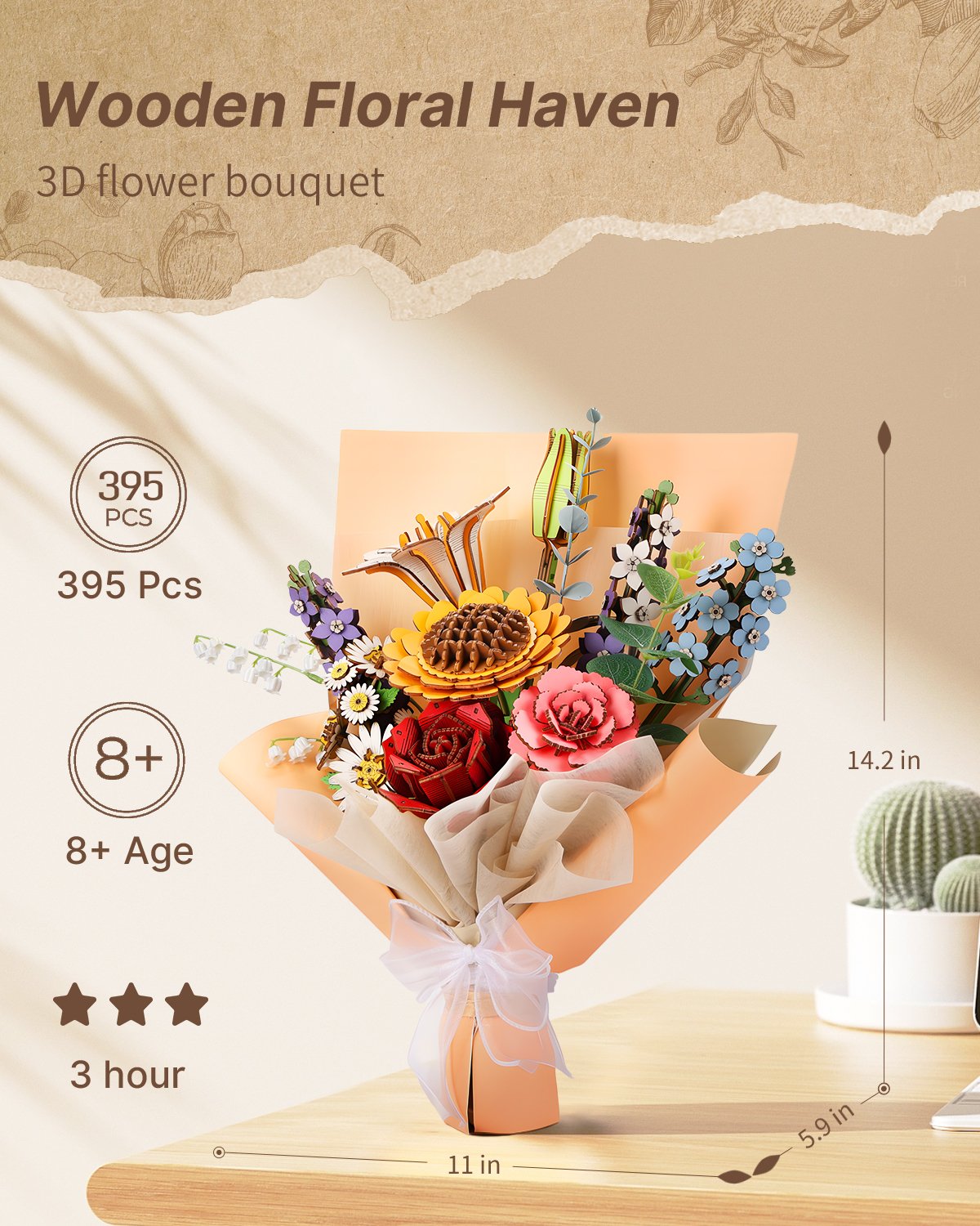 DIY Flower Bouquet, 3D Wooden Puzzle