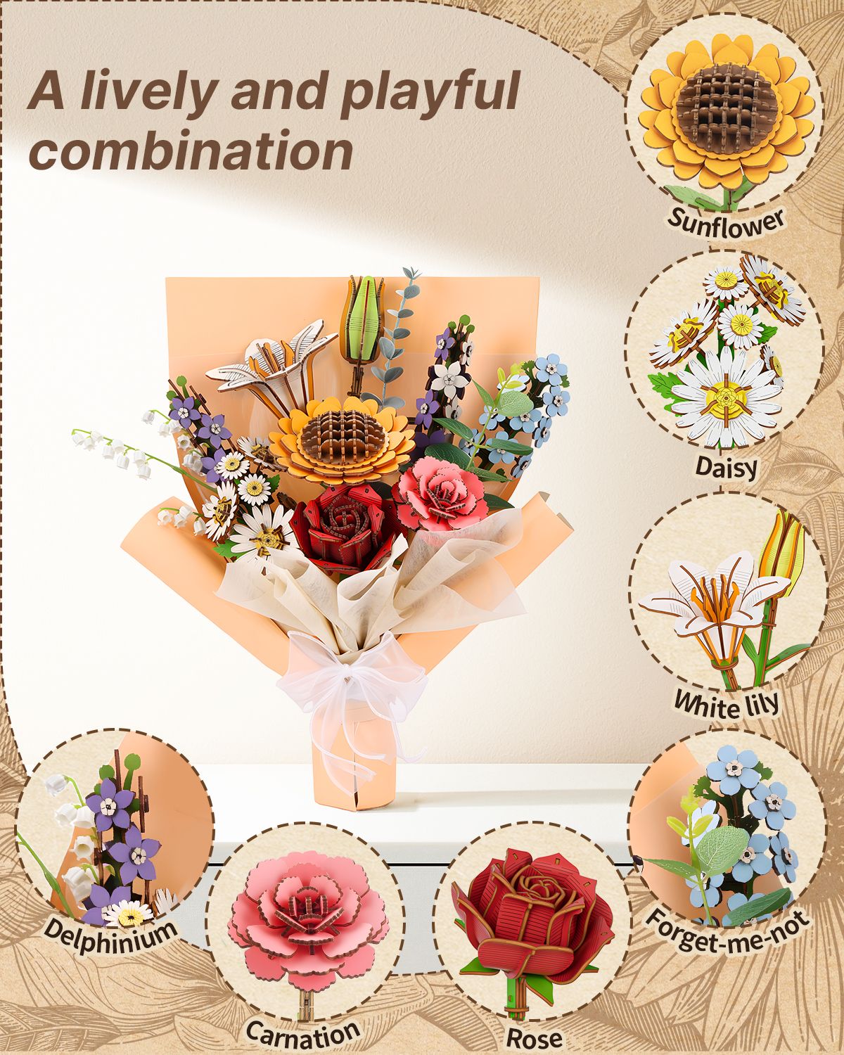 DIY Flower Bouquet, 3D Wooden Puzzle