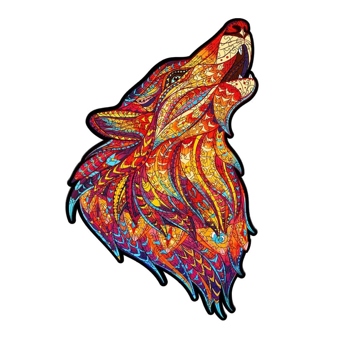 HOWLING WOLF RED Wooden Jigsaw Puzzle - KAAYEE Puzzle
