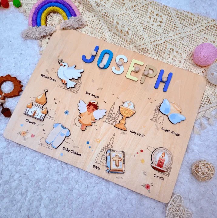 Personalized Baby Name Wooden Puzzle with Baptism Boy Set - KAAYEE Puzzle