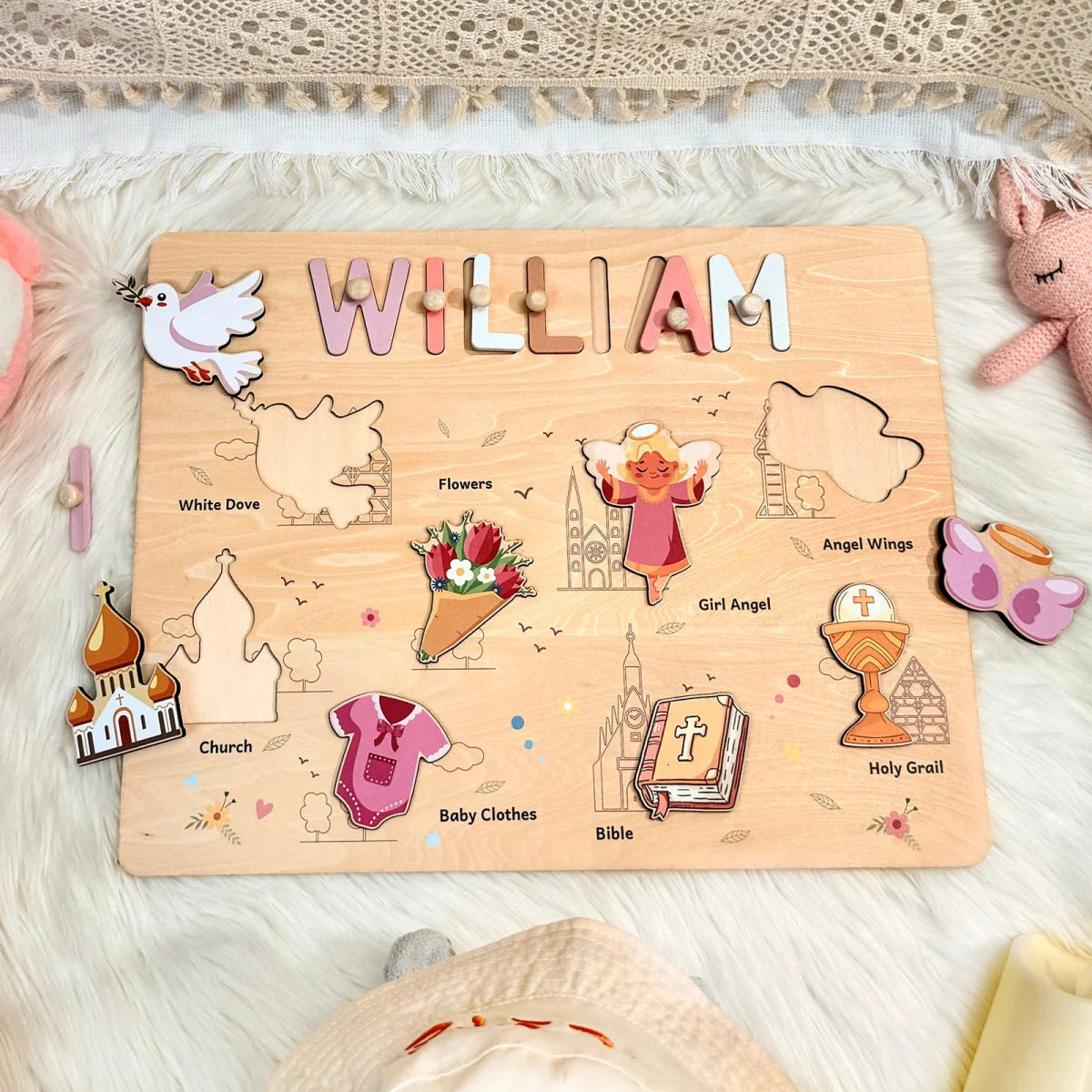 Personalized Baby Name Wooden Puzzle with Baptism Girl Set - KAAYEE Puzzle