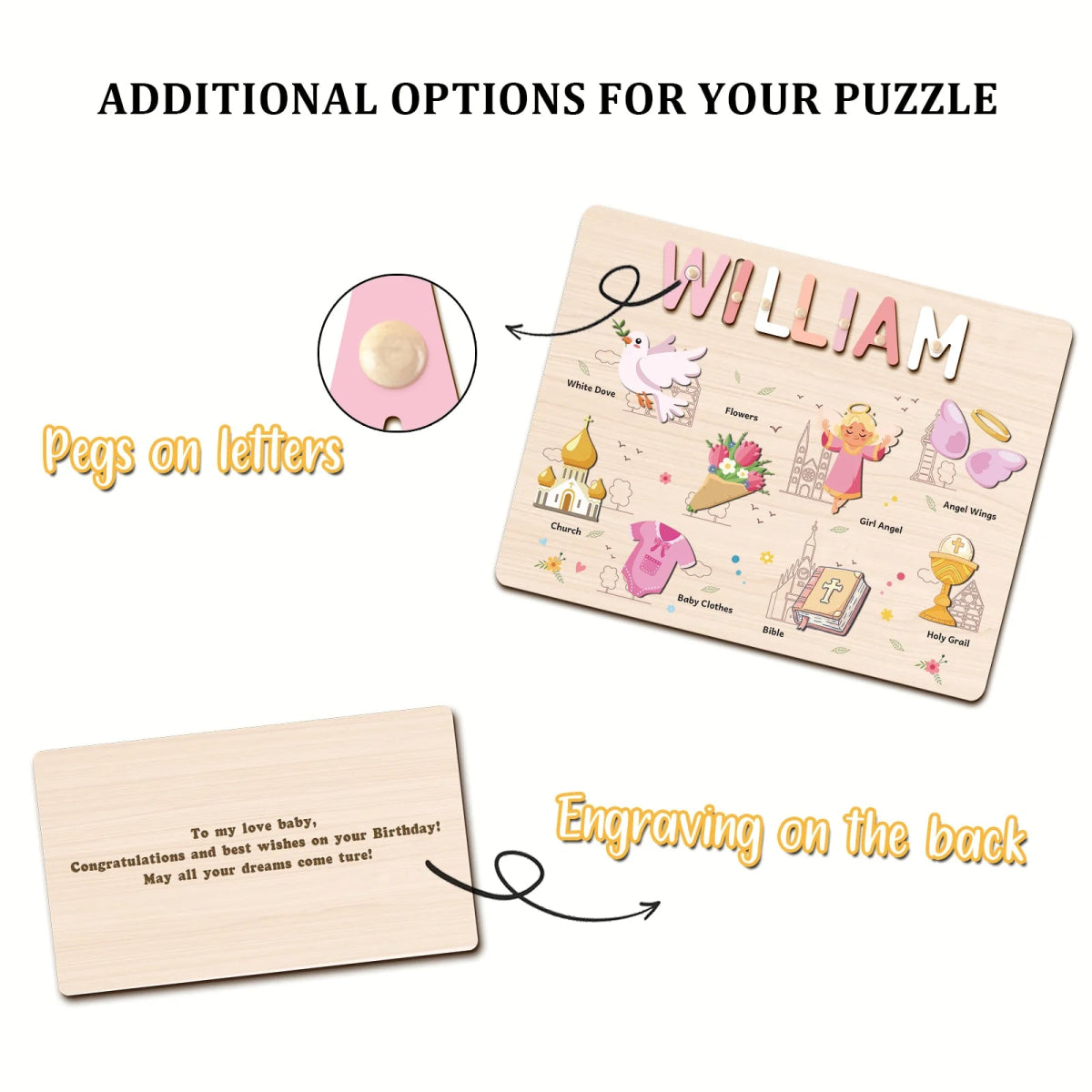 Personalized Baby Name Wooden Puzzle with Baptism Girl Set - KAAYEE Puzzle