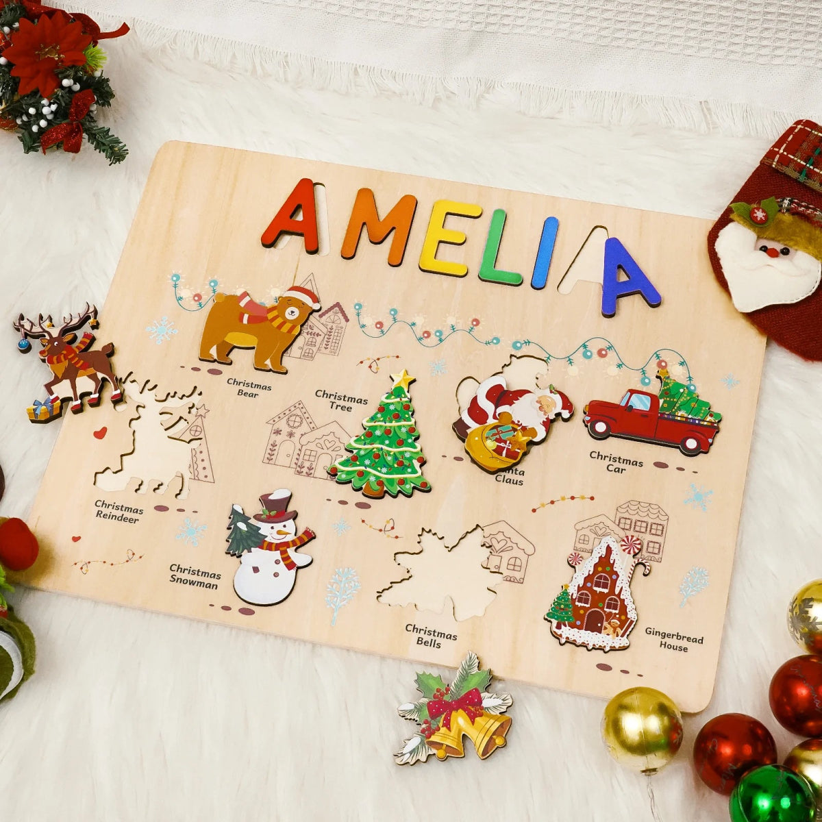 Personalized Baby Name Wooden Puzzle with Christmas Icons - KAAYEE Puzzle