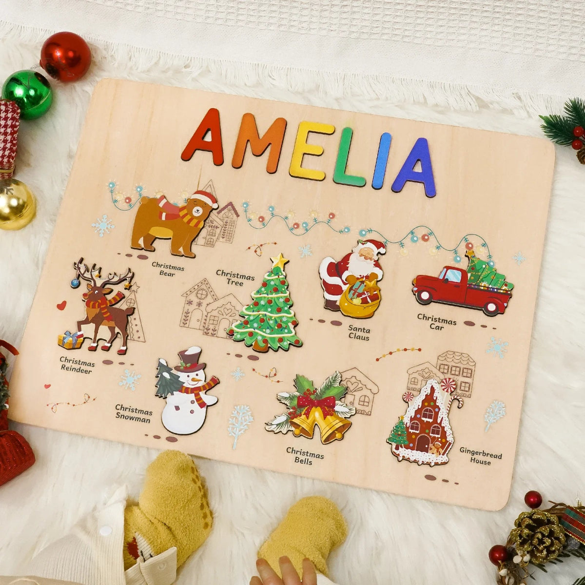 Personalized Baby Name Wooden Puzzle with Christmas Icons - KAAYEE Puzzle