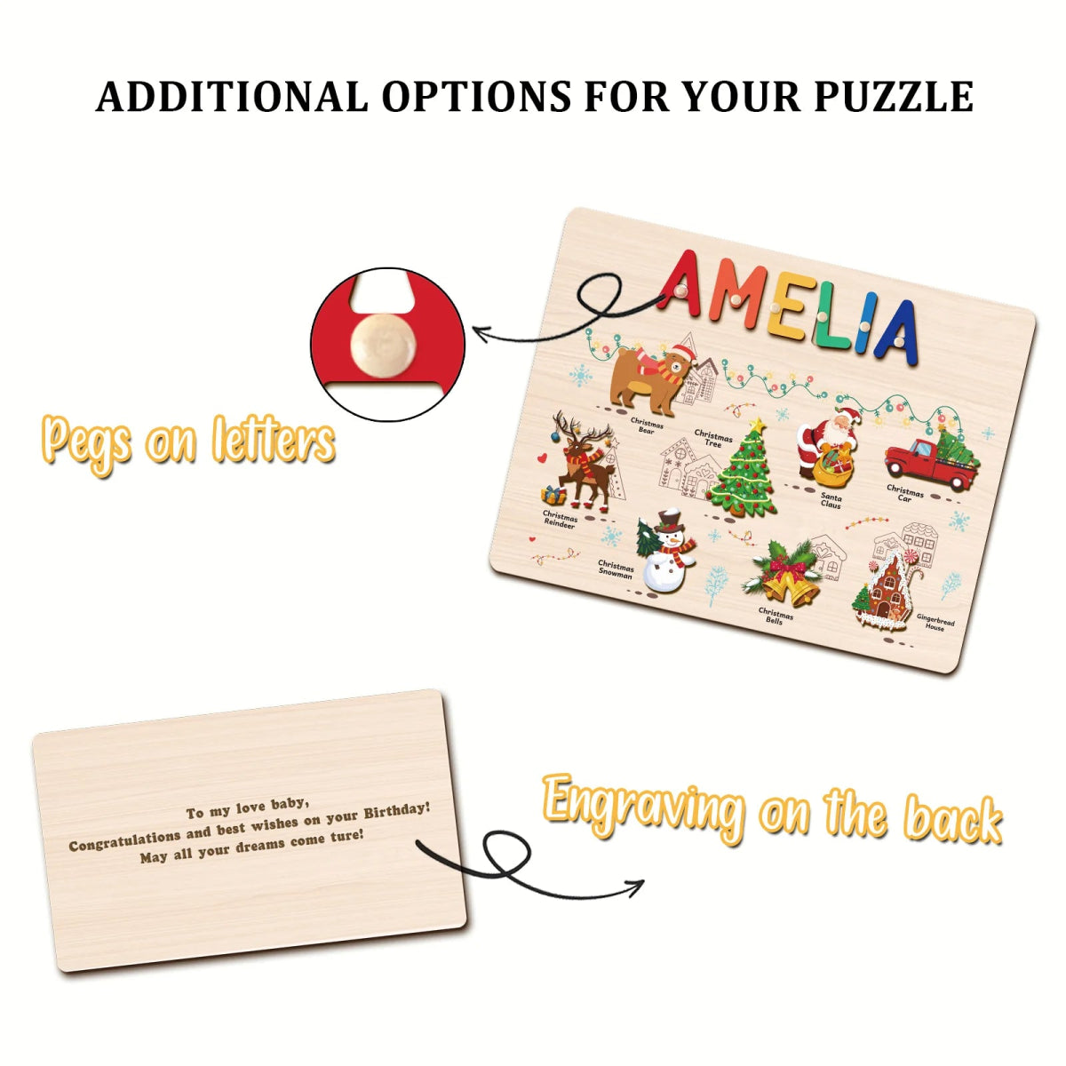 Personalized Baby Name Wooden Puzzle with Christmas Icons - KAAYEE Puzzle