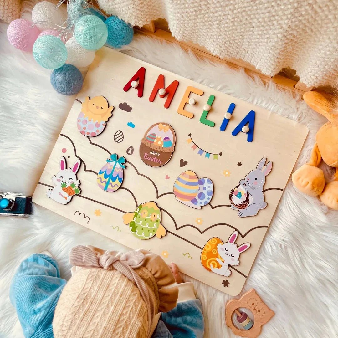 Personalized Baby Name Wooden Puzzle with Easter Bunnies & Eggs - KAAYEE Puzzle