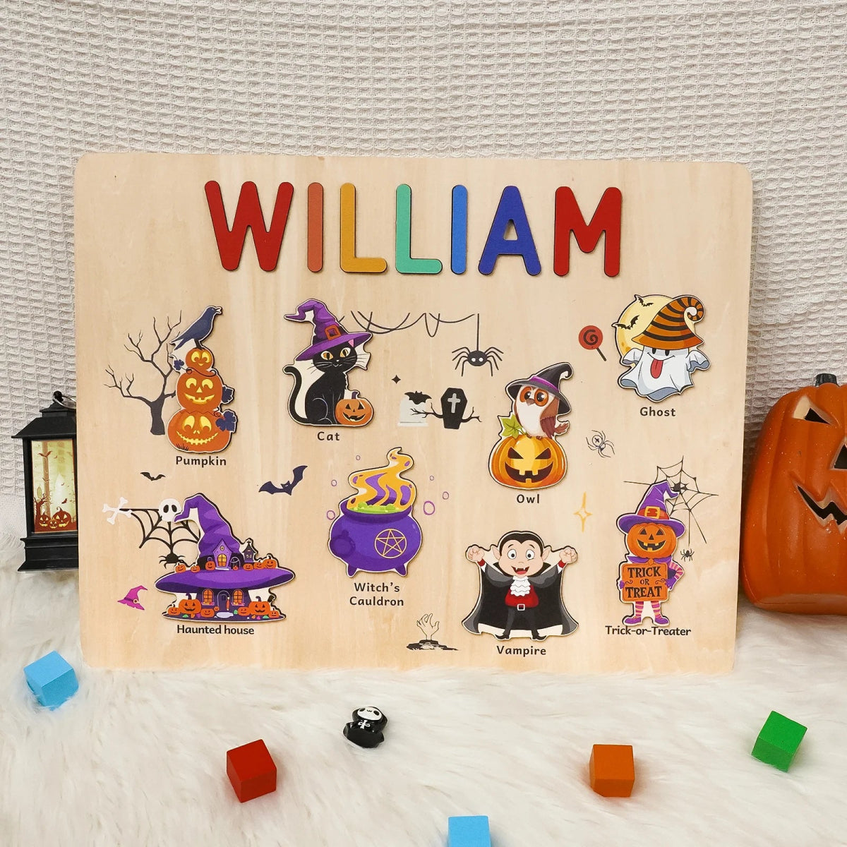 Personalized Baby Name Wooden Puzzle with Halloween Icons - KAAYEE Puzzle