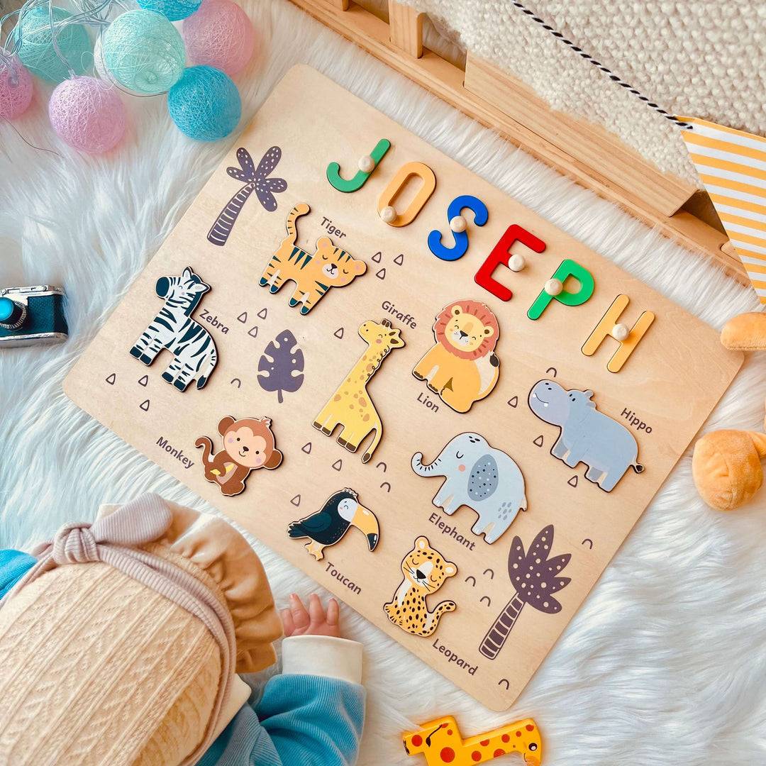 Personalized Baby Name Wooden Puzzle with Jungle Animals - KAAYEE Puzzle