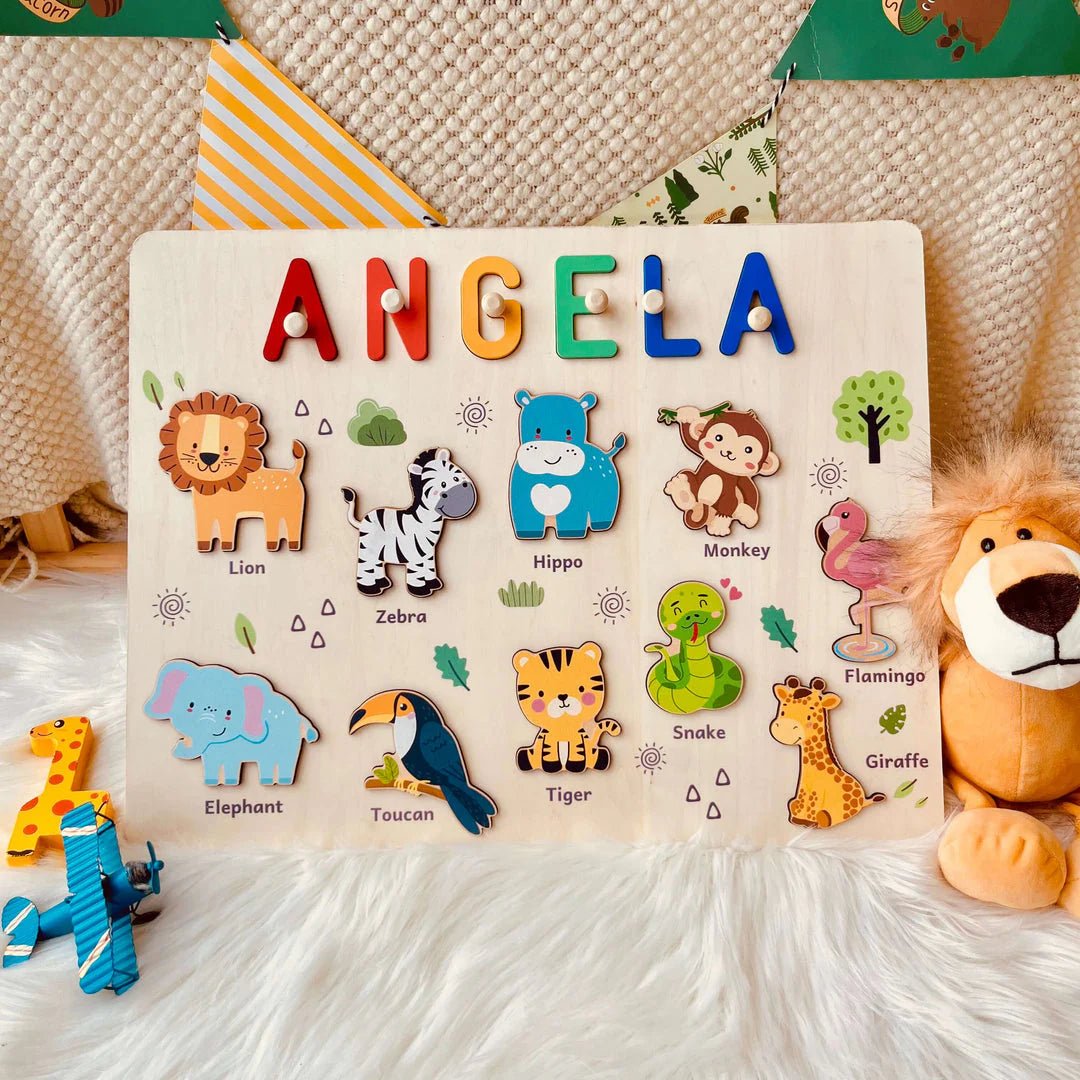 Personalized Baby Name Wooden Puzzle with Safari Animals - KAAYEE Puzzle