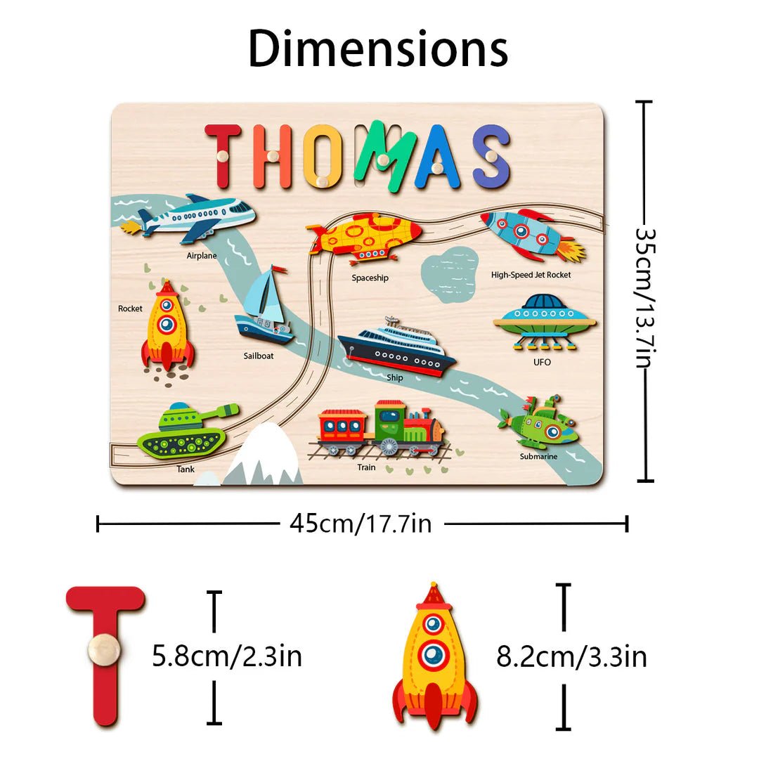 Personalized Baby Name Wooden Puzzle with Vehicle Toys - KAAYEE Puzzle